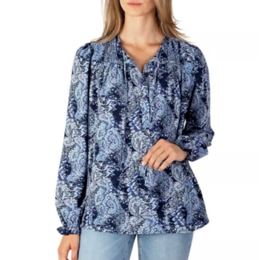 JOIE Womens Paisley Blouse Size Medium Blue Pullover Boho Peasant Long Sleeve